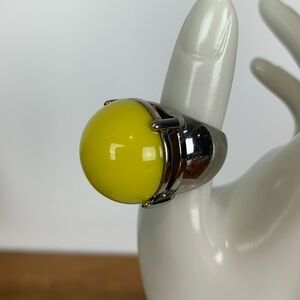 Retro Inspired Ring Yellow Cabochon Silver Tone Band Size 7 Big Bold Statement